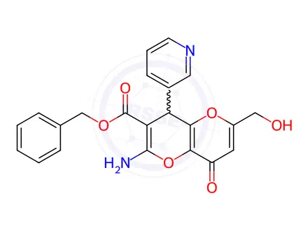 Chemical structure of Benzyl 2-amino-6-(hydroxymethyl)-8-oxo-4-(pyridin-3-yl)-4,8-dihydropyrano[3,2-b]pyran-3-carboxylate