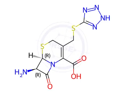 Chemical structure of (6R-trans)-7-Amino-8-oxo-3-[(1H-tetrazol-5-ylthio)methyl]-5-thia-1-azabicyclo[4.2.0]oct-2-ene-2-carboxylic Acid