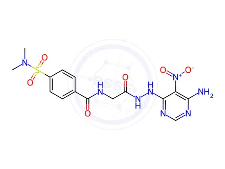 Chemical structure of N-(2-(2-(6-Amino-5-nitropyrimidin-4-yl)hydrazinyl)-2-oxoethyl)-4-(N,N-dimethylsulfamoyl)benzamide
