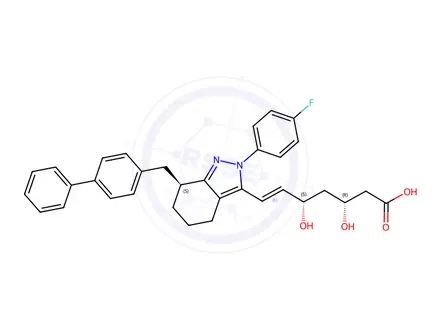 Chemical structure of 7-(7-((1,1'-biphenyl-4-yl)methyl)-2-(4-fluorophenyl)-4,5,6,7-tetrahydro-2H-indazol-3-yl)-3,5-dihydroxy-6-heptenoic acid