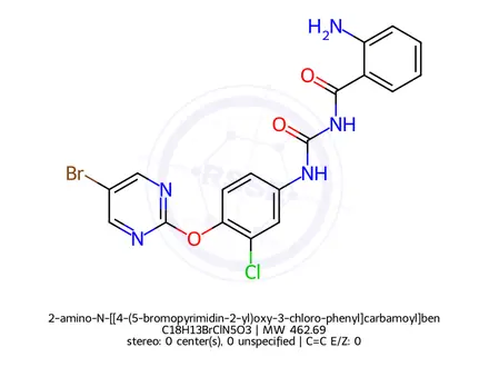 Chemical structure of 2-amino-N-[[4-(5-bromopyrimidin-2-yl)oxy-3-chloro-phenyl]carbamoyl]ben zamide