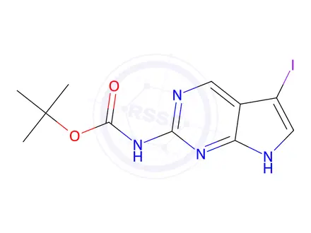 Chemical structure of tert-Butyl (5-iodo-7H-pyrrolo[2,3-d]pyrimidin-2-yl)carbamate