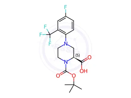 Chemical structure of (S)-1-(tert-Butoxycarbonyl)-4-(4-fluoro-2-(trifluoro-methyl)phenyl)piperazine-2-carboxylic acid