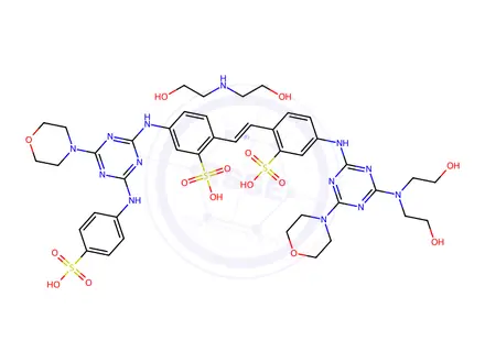 Chemical structure of Benzenesulfonic acid, 2-[2-[4-[[4-[bis(2-hydroxyethyl)amino]-6-(4-morpholinyl)-1,3,5-triazin-2-yl]amino]-2-sulfophenyl]ethenyl]-5-[[4-(4-morpholinyl)-6-[(4-sulfophenyl)amino]-1,3,5