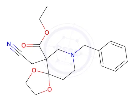 Chemical structure of Ethyl 8-benzyl-6-(cyanomethyl)-1,4-dioxa-8-azaspiro[4,5]decane-6-carboxylate