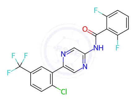 Chemical structure of N-{5-[2-chloro-5-(trifluoromethyl)phenyl]pyrazin-2-yl}-2,6-difluorobenzamide