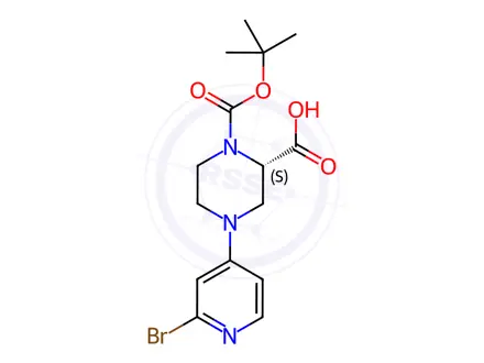 Chemical structure of (S)-4-(2-Bromopyridin-4-yl)-1-(tert-butoxycarbonyl)-piperazine-2-carboxylic acid