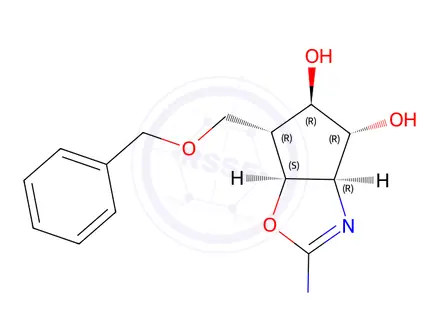 Chemical structure of 4H-Cyclopentoxazole-4,5-diol, 2-(dimethylamino)-3a,5,6,6a-tetrahydro-6-(phenylmethoxy)methyl-, (3aR,4R,5R,6R,6aS)-