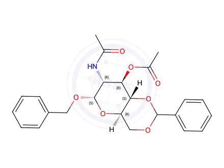 Chemical structure of Benzyl 2-Acetamido-4,6-O-benzylidene-2-deoxy-α-D-glucopyranoside 3-Acetate