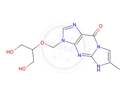 Chemical structure of 3,9-dihydro-3-((1,3-dihydroxy-2-propoxy)methyl)-6-methyl-9-oxo-5H-imidazol(1,2-a)purine