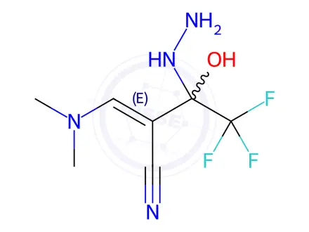 Chemical structure of (E)-3-(Dimethylamino)-2-(2,2,2-trifluoro-1-hydrazino-1-hydroxyethyl)-2-propenenitrile