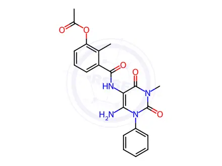 Chemical structure of Benzamide, 3-(acetyloxy)-N-(6-amino-1,2,3,4-tetrahydro-3-methyl-2,4-dioxo-1-phenyl-5-pyrimidinyl)-2-methyl-