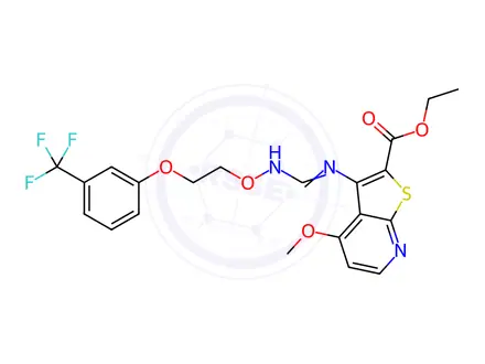 Chemical structure of Ethyl 4-methoxy-3-[(E)-N'-{2-[3-(trifluoromethyl)phenoxy]ethoxy}imidamido]thieno[2,3-b]pyridine-2-carboxylate