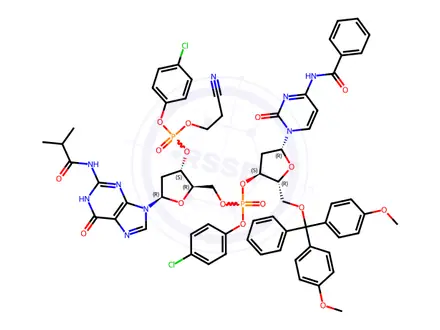 Chemical structure of 3'-Guanylic acid, N-benzoyl-5'-O-[bis(4-methoxyphenyl)phenylmethyl]-P-(4-chlorophenyl)cytidylyl-(3'->5')-2'-deoxy-N-(2-methyl-1-oxopropyl)-, 4-chlorophenyl 2-cyanoethyl ester