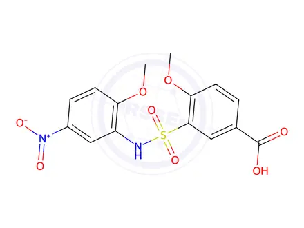 Chemical structure of 4-Methoxy-3-[(2-methoxy-5-nitrophenyl)sulfamoyl]benzoic acid