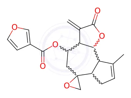 Chemical structure of 3-Furancarboxylic acid [(3aS,6R)-3,3aα,4,5,6aα,7,9aα,9bβ-octahydro-9-methyl-3-methylene-2-oxospiro[azuleno[4,5-b]furan-6(2H),2'-oxiran]-4β-yl] ester