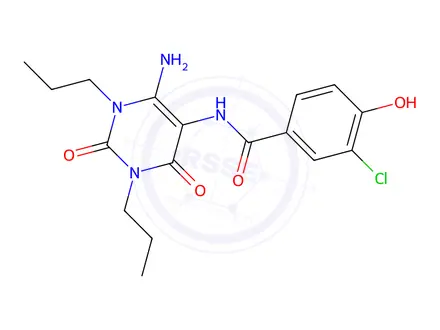 Chemical structure of N-(6-Amino-2,4-dioxo-1,3-dipropyl-1,2,3,4-tetrahydropyrimidin-5-yl)-3-chloro-4-hydroxybenzamide