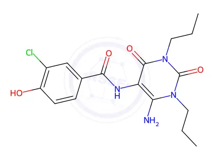 Chemical structure of N-(6-Amino-2,4-dioxo-1,3-dipropyl-1,2,3,4-tetrahydropyrimidin-5-yl)-3-chloro-4-hydroxybenzamide