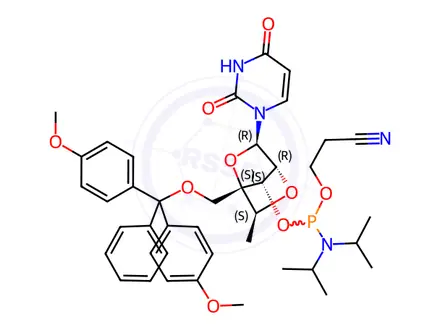 Chemical structure of (1S,3R,4R,6S,7S)-1-((Bis(4-methoxyphenyl)(phenyl)methoxy)methyl)-3-(2,4-dioxo-3,4-dihydropyrimidin-1(2H)-yl)-6-methyl-2,5-dioxabicyclo[2.2.1]heptan-7-yl (2-cyanoethyl) diisopropylphosphoramidite