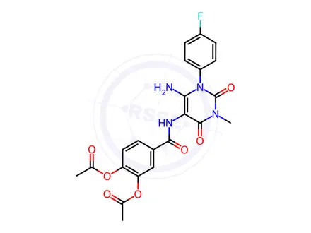 Chemical structure of 4-((6-Amino-1-(4-fluorophenyl)-3-methyl-2,4-dioxo-1,2,3,4-tetrahydropyrimidin-5-yl)carbamoyl)-1,2-phenylene diacetate