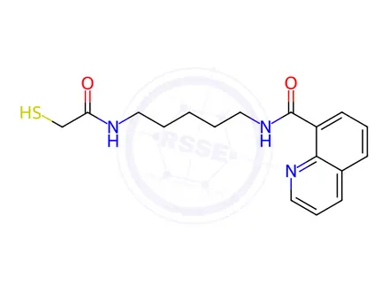 Chemical structure of N-(5-(2-Mercaptoacetamido)pentyl)quinoline-8-carboxamide