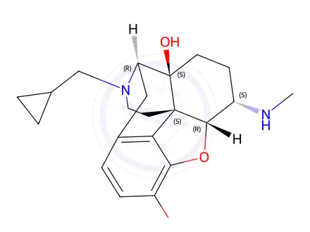 Chemical structure of (5α,6α)-17-(Cyclopropylmethyl)-4,5-epoxy-6-(methylamino)-morphinan-3,14-diol (1.0mg/ml in Acetonitrile)