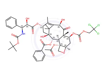 Chemical structure of (2aR,4S,4aS,6R,9R,10R,12R,12aR,12bS)-12b-Acetoxy-9-(((2R,3S)-3-((tert-butoxycarbonyl)amino)-2-hydroxy-3-phenylpropanoyl)oxy)-6,10-dihydroxy-4a,8,13,13-tetramethyl-5-oxo-4-(((2,2,2-trichloroethoxy)carbonyl)oxy)-2a,3,4,4a,5,6,9,10,11,12,12a,12b-dodecahydro-1H-7,11-methanocyclodeca[3,4]benzo[1,2-b]oxet-12-yl Benzoate