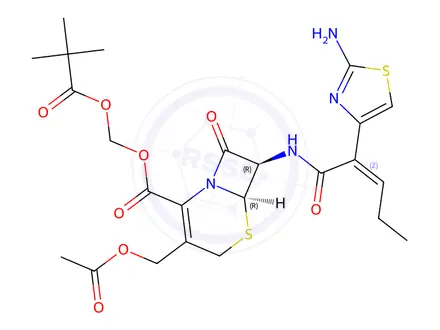Chemical structure of (6R,7R)-(pivaloyloxy)methyl 3-(acetoxymethyl)-7-((Z)-2-(2-aminothiazol-4-yl)pent-2-enamido)-8-oxo-5-thia-1-azabicyclo[4.2.0]oct-2-ene-2-carboxylate