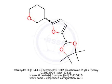 Chemical structure of tetrahydro-3-[5-(4,4,5,5-tetramethyl-1,3,2-dioxaborolan-2-yl)-2-furanyl]-2H-pyran