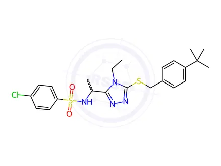 Chemical structure of N-(1-(5-((4-(tert-butyl)benzyl)thio)-4-ethyl-4H-1,2,4-triazol-3-yl)ethyl)-4-chlorobenzenesulfonamide
