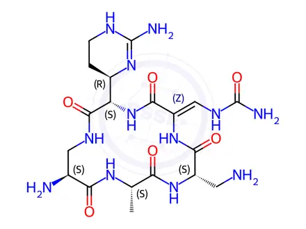 Chemical structure of 1-((Z)-((3S,9S,12S,15S)-15-Amino-3-((R)-2-amino-3,4,5,6-tetrahydropyrimidin-4-yl)-9-(aminomethyl)-12-methyl-2,5,8,11,14-pentaoxo-1,4,7,10,13-pentaazacyclohexadecan-6-ylidene)methyl)urea