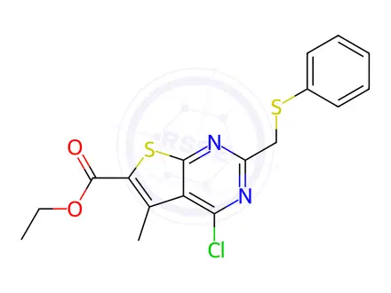 Chemical structure of Ethyl 4-chloro-5-methyl-2-((phenylthio)methyl)thieno[2,3-d]pyrimidine-6-carboxylate