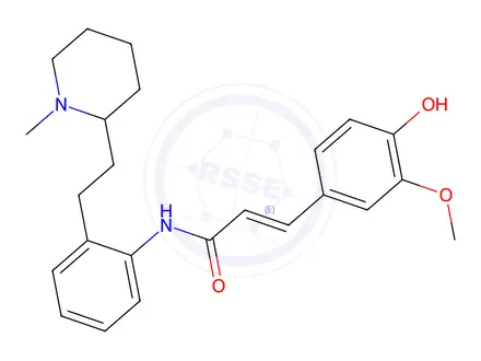 Chemical structure of (2E)-N-[2-[2-(1-Methyl-2-piperidinyl)ethyl]phenyl]-3-(4-hydroxy-3-methoxyphenyl)-2-propenamide