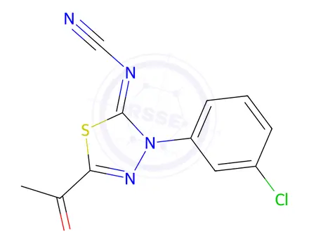Chemical structure of 2-Acetyl-4-(3-chlorophenyl)-5-cyanimino-4,5-dihydro-1,3,4-thiadiazole