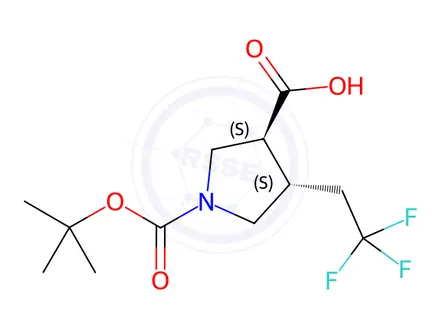 Chemical structure of (3S,4S)-1-(tert-butoxycarbonyl)-4-(2,2,2-trifluoroethyl)pyrrolidine-3-carboxylic acid