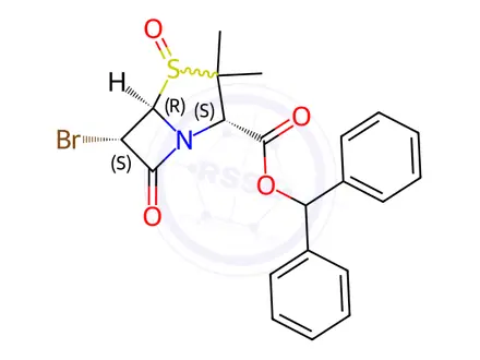 Chemical structure of 4-Thia-1-azabicyclo[3.2.0]heptane-2-carboxylic acid, 6-bromo-3,3-dimethyl-7-oxo-, diphenylmethyl ester, 4-oxide, (2S,5R,6S)-