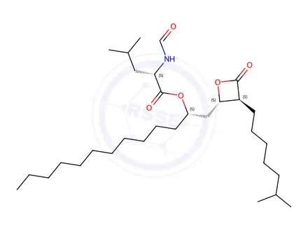 Chemical structure of (S)-(S)-1-((2S,3S)-3-(6-methylheptyl)-4-oxooxetan-2-yl)tridecan-2-yl 2-formamido-4-methylpentanoate