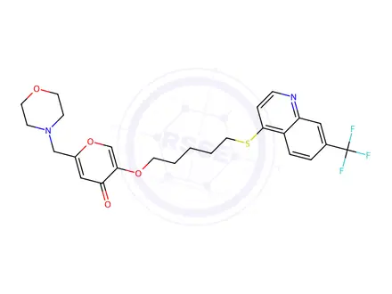 Chemical structure of 2-(Morpholinomethyl)-5-((5-((7-(trifluoromethyl)quinolin-4-yl)thio)pentyl)oxy)-4H-pyran-4-one