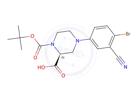 Chemical structure of (S)-4-(4-Bromo-3-cyanophenyl)-1-(tert-butoxy-carbonyl)piperazine-2-carboxylic acid