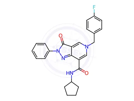 Chemical structure of N-Cyclopentyl-5-(4-fluorobenzyl)-3-oxo-2-phenyl-3,5-dihydro-2H-pyrazolo[4,3-c]pyridine-7-carboxamide