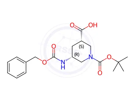 Chemical structure of (3S,5R)-5-(((Benzyloxy)carbonyl)amino)-1-(tert-butoxycarbonyl)piperidine-3-carboxylic acid