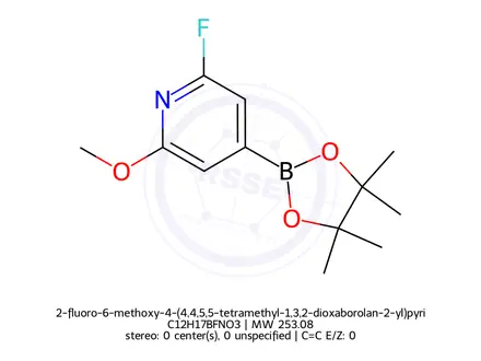 Chemical structure of 2-fluoro-6-methoxy-4-(4,4,5,5-tetramethyl-1,3,2-dioxaborolan-2-yl)pyridine