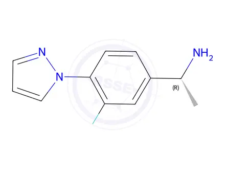 Chemical structure of (1R)-1-[3-fluoro-4-(1H-pyrazol-1-yl)phenyl]ethan-1-amine