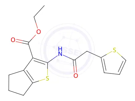 Chemical structure of Ethyl 2-(2-(thiophen-2-yl)acetamido)-5,6-dihydro-4H-cyclopenta[b]thiophene-3-carboxylate