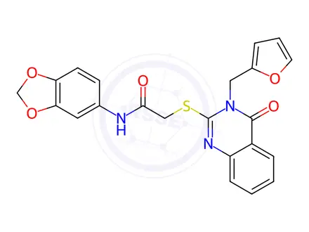 Chemical structure of Acetamide, N-1,3-benzodioxol-5-yl-2-[[3-(2-furanylmethyl)-3,4-dihydro-4-oxo-2-quinazolinyl]thio]-