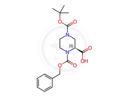 Chemical structure of (S)-1-(Benzyloxycarbonyl)-4-(tert-butoxycarbonyl)piperazine-2-carboxylic acid