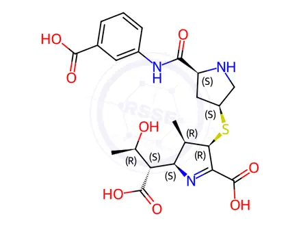 Chemical structure of (2S,3R,4R)-2-((1S,2R)-1-carboxy-2-hydroxypropyl)-4-(((3S,5S)-5-((3-carboxyphenyl)carbamoyl)pyrrolidin-3-yl)thio)-3-methyl-3,4-dihydro-2H-pyrrole-5-carboxylic acid