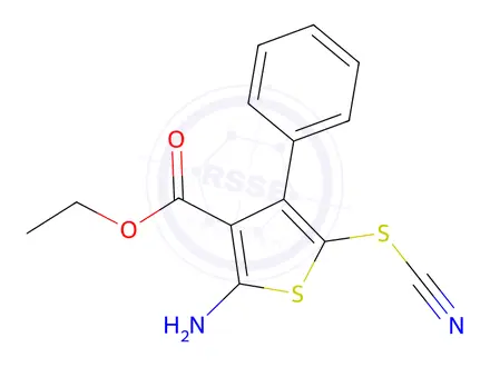 Chemical structure of 2-Amino-4-phenyl-5-thiocyanato-thiophene-3-carboxylic acid ethyl ester