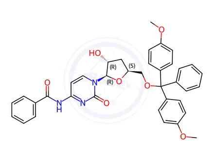 Chemical structure of N4-Benzoyl-5’-O-(4,4-dimethoxytrityl)-3’-deoxy cytidine