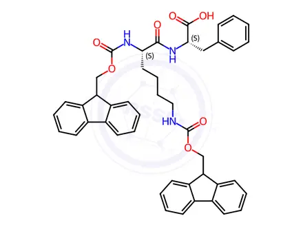 Chemical structure of N2,N6-bis(((9H-fluoren-9-yl)methoxy)carbonyl)-L-lysyl-L-phenylalanine